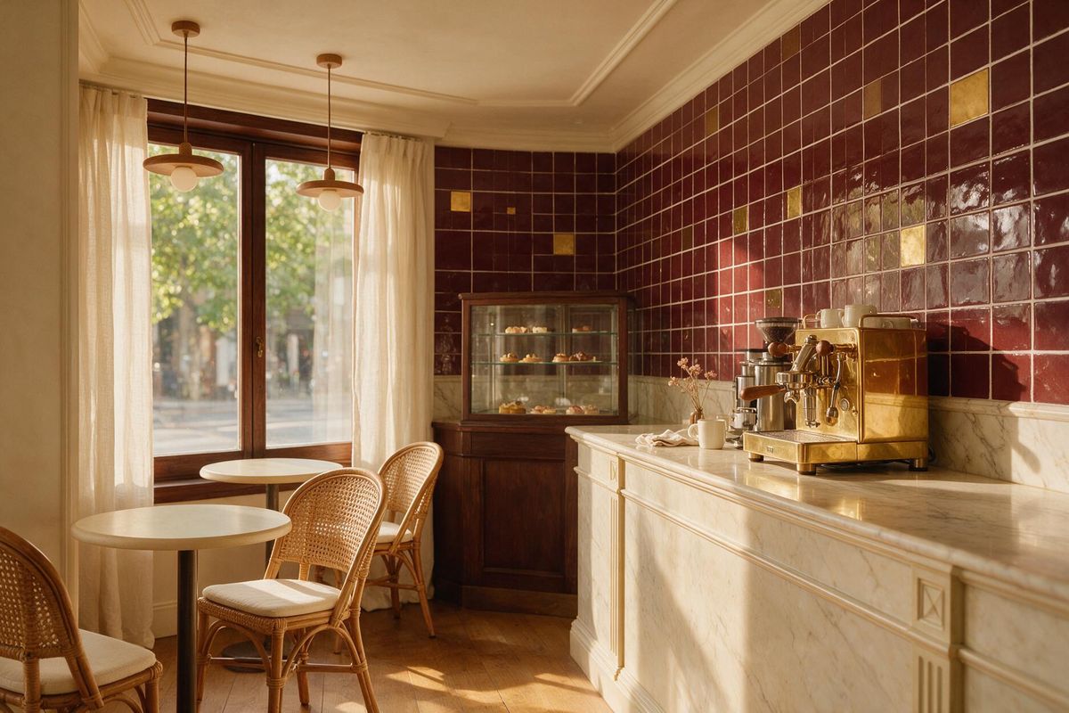 Pastaevim Café konsepti — krem mermer tezgâh, bordo karo duvar ve pirinç detaylı espresso köşesi