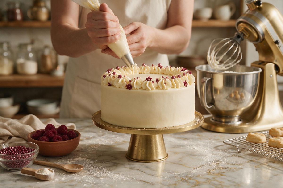 Pastacı elleri krema rozetleri sıkarken — Pastaevim üretim standardı